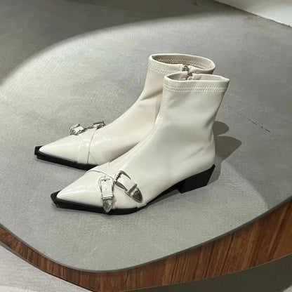 2026 Fashion Buckle Decor Side Zipper Casual Women's Ankle Boots New Solid Pointed Toe Mid Heel Comfort Outdoor Boots for Women