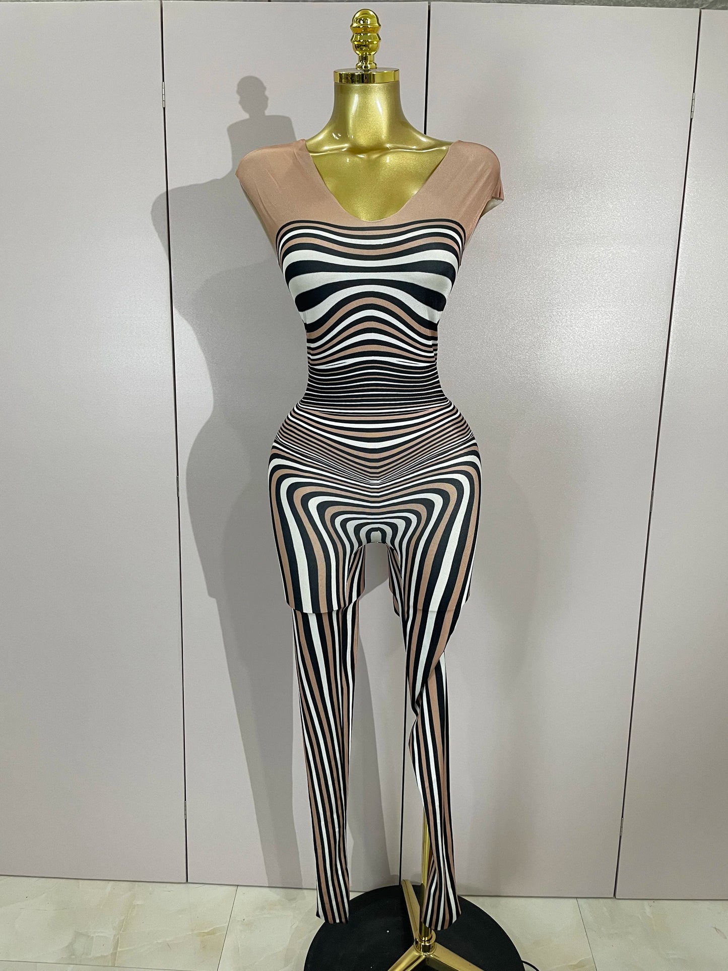Women Zebra Stripes Long Sleeve Bodycon Jumpsuit Two Piece Set Birthday Party Nightclub Stage Performance Festival Rompers