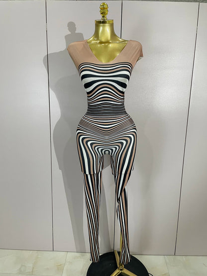 Women Zebra Stripes Long Sleeve Bodycon Jumpsuit Two Piece Set Birthday Party Nightclub Stage Performance Festival Rompers