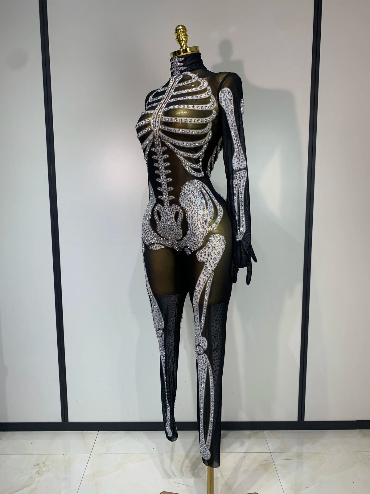 Luxury Rhinestones Skeleton Mesh See Through Jumpsuit Long Sleeve Nightclub Cos Party Stage Performance Halloween Costume