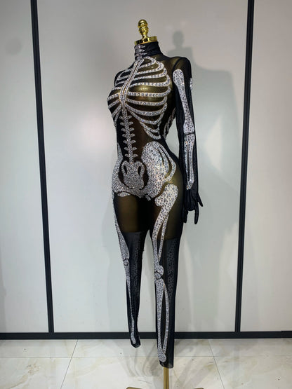 Luxury Rhinestones Skeleton Mesh See Through Jumpsuit Long Sleeve Nightclub Cos Party Stage Performance Halloween Costume