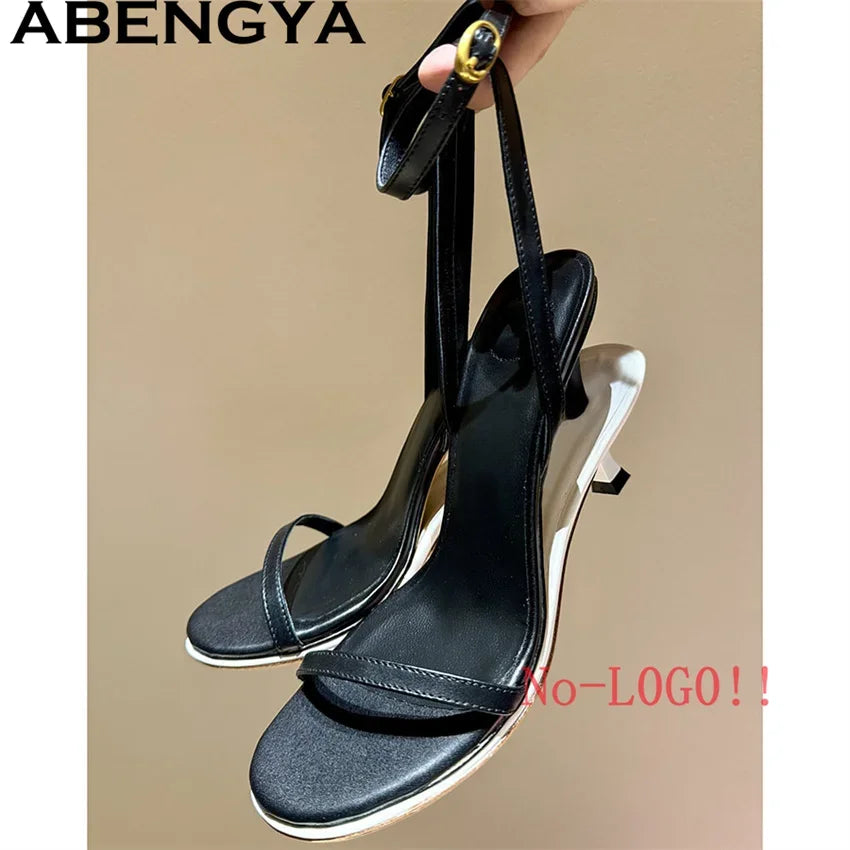 2025 Summer Leather High Heel Slippers Women Sandals Kitten Double Heels Mules Slides Designer Party Dress Shoes For Women