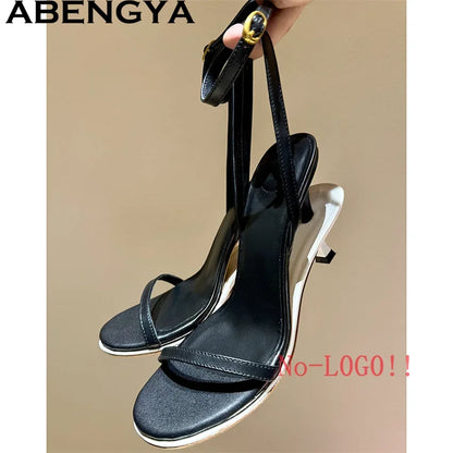 2025 Summer Leather High Heel Slippers Women Sandals Kitten Double Heels Mules Slides Designer Party Dress Shoes For Women