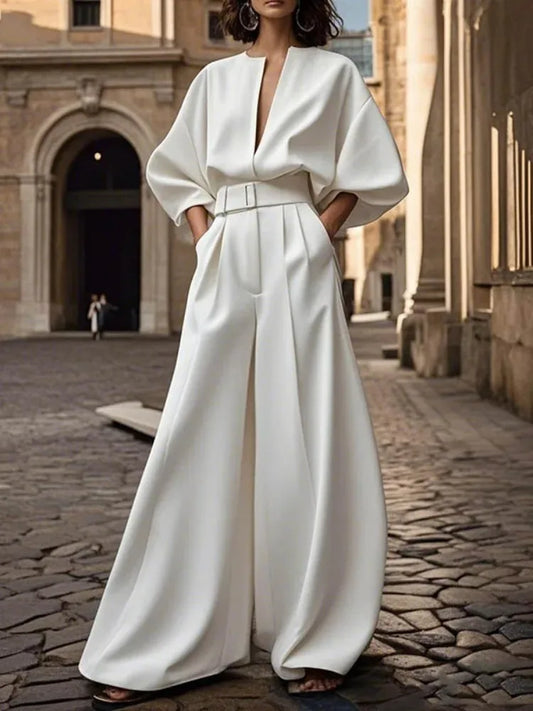 2026 Women Luxury Minimalist Jumpsuit Women's Jumpsuits And Rompers Jumpsuits V Neck Puff Sleeve High Waist Wide Leg Outfits