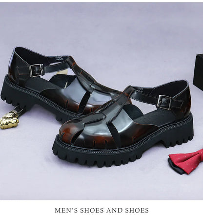 4.5Cm Thick Sole Heightening Sandals Men's Glossy Cowhide Buckle Business Casual British Genuine Leather Summer Sandals for Men