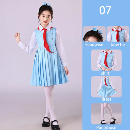 Girls Preppy Style Pleated Jumper Dress Headdress + Bow Tie Pants Suit Children Choir Poetry Performance Fashion School Uniform