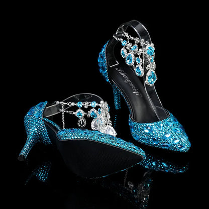 2024 Autumn Slim Heels Shallow Mouth Luxury Blue Water Diamond Pearl Women Single Shoes 9CM Wedding Party Shoes Sandalias Mujer