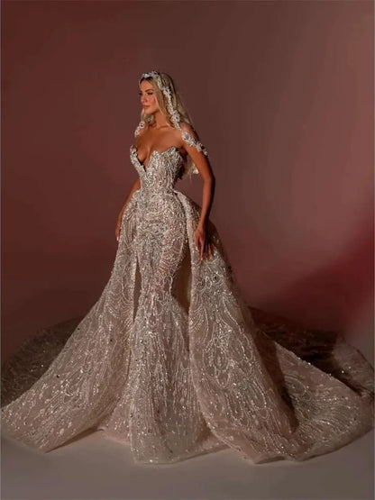 Luxury Mermaid Wedding Dress Beading Crystal Sequins Strapless Bride Gown Lace Detachable Sweep Train Bridal Dresses Customized