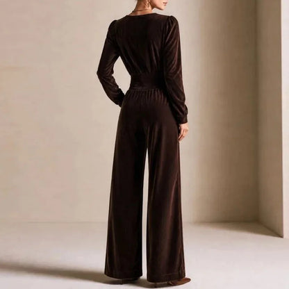 Elegant Solid Corduroy Overalls Ladies Notched V-Neck Long Sleeve Buttons Elastic Waist Romper New Autumn Casual Party Jumpsuits