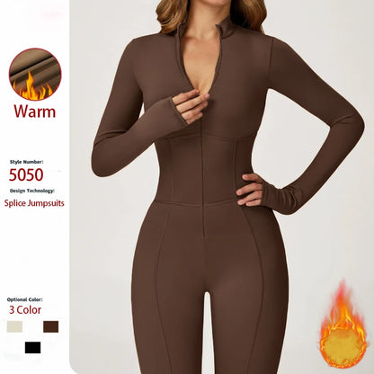Winter Warm Fleece Sports Jumpsuits Fitness Suits Women's Sportswear Zipper Long Sleeves Tops One-Piece Dance Bodysuit Female