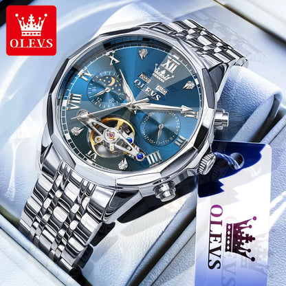  OLEVS Automatic Mechanical Watch for Men Tourbillon Moon Phase Diamond Dial Stainless Steel Strap Waterproof Men Wristwatch