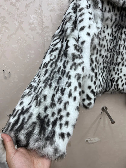 2026 New 100% Genuine Whole Skin Real Rabbit Fur Coat Luxury Leopard Print Natural Fur Jacket Full Pelt Rabbit Fur Overcoat