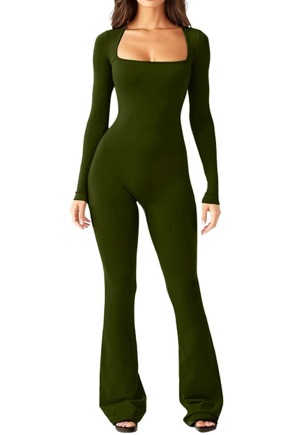 Foreign Trade Women's Long Sleeved Waist Cinching and Waist Lifting Square Collar Wide Leg High Elastic Jumpsuit