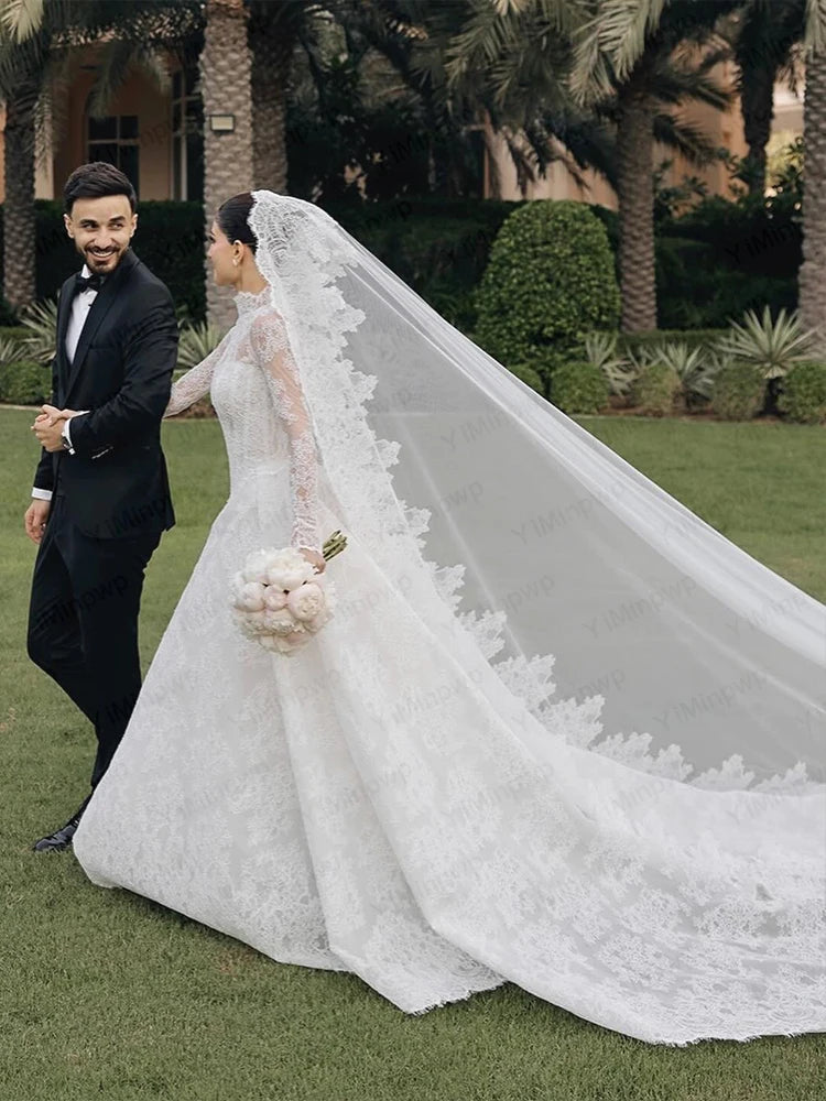 Lace Wedding Dresses High Neck Long Sleeve A Line Bride Dress Sweep Train Princess Bridal Gown Vestido De Novia Customized