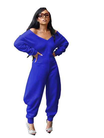 GLCMYAYA Women Long Sleeve V-neck Loose Jumpsuits 2025 Winter Autumn One Piece Set Party Casual Fitness Streetwear Outfits