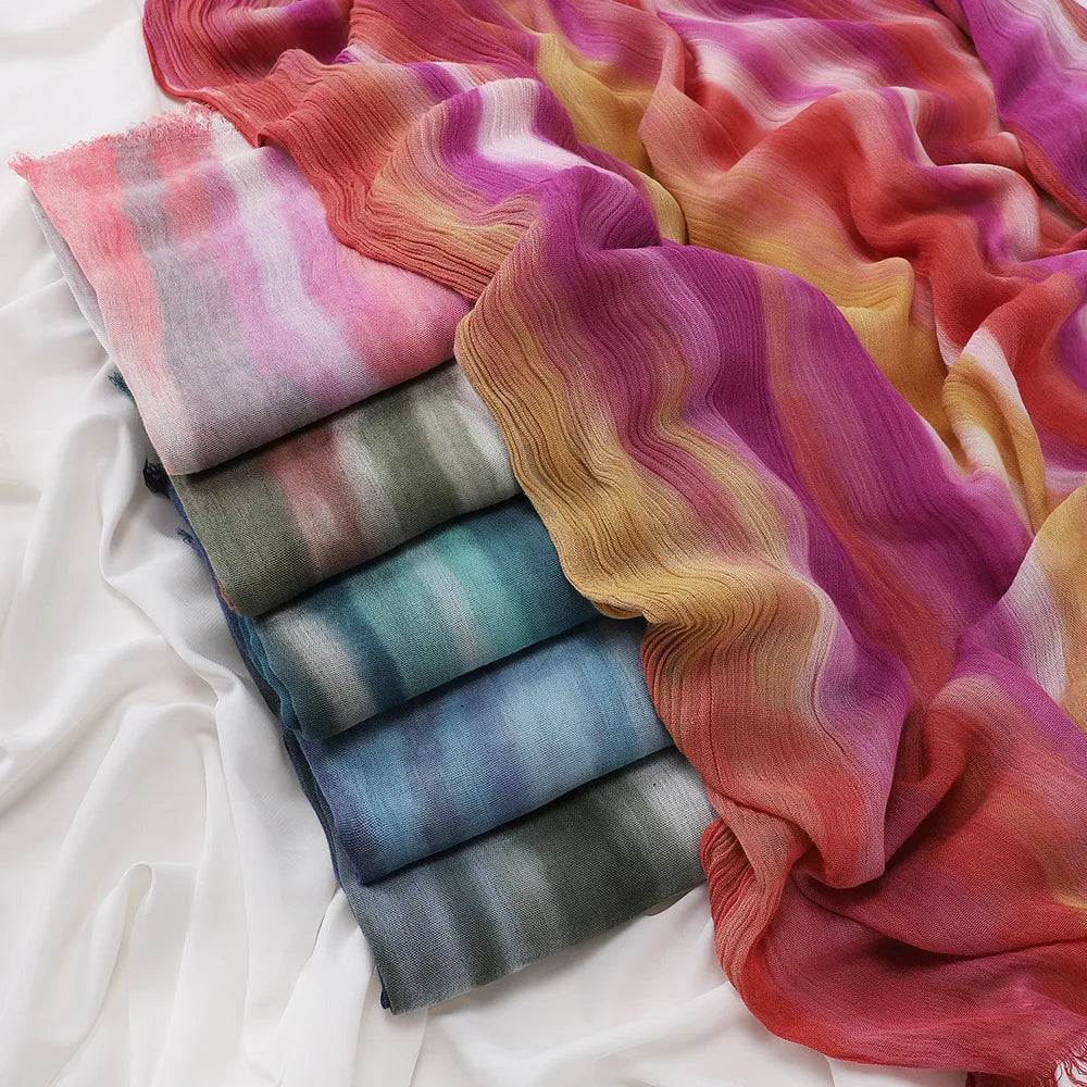New Fashion Cotton Blend Hijabs Scarf Woman Graduated Color Striped Women Headscarf Retro Versatile Printing Long Shawl