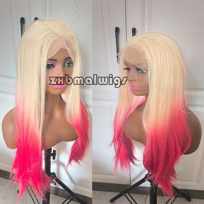Synthetic Hair Ombre Blonde To Red  Straight Pre Plucked 13x4 Lace Front Wigs for Black Women Glueless Cosplay Daily Wear Wigs