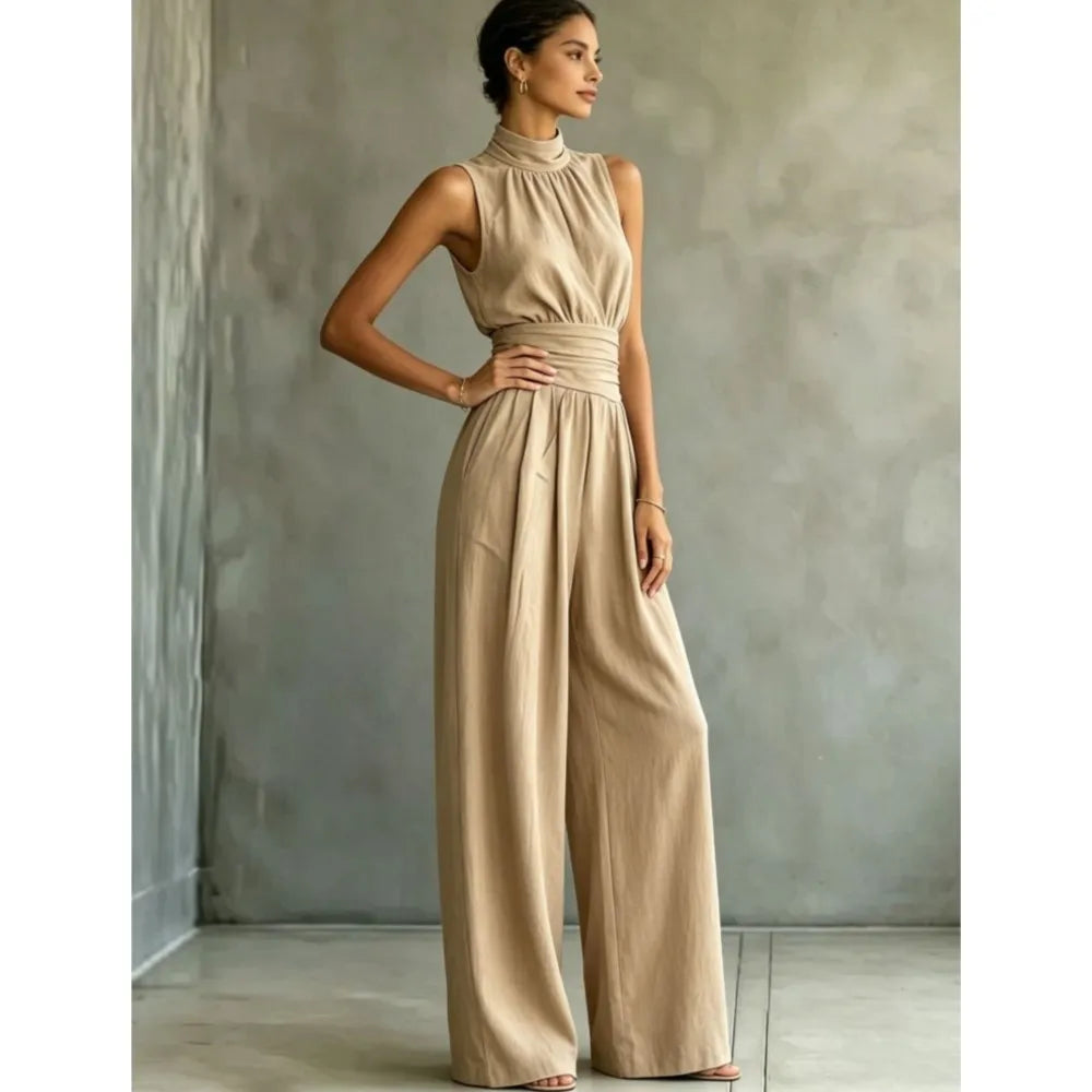 Summer New Fashion Half Turtle Collar Sleeveless Women's Jumpsuit 2026 Elegant Slim Waist Shaping Wide Leg Female Rompers