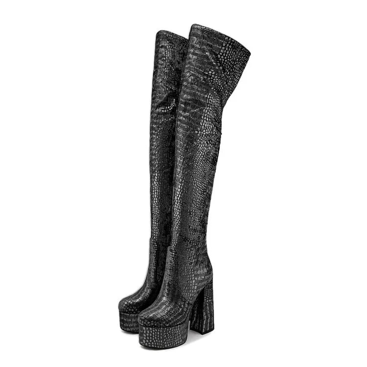 15CM Chunky Heel Platform Woman Over-the-knee Snake Pattern Boots Wild T Show Shoes Sexy Slimming Stretch Thigh Boots For Women