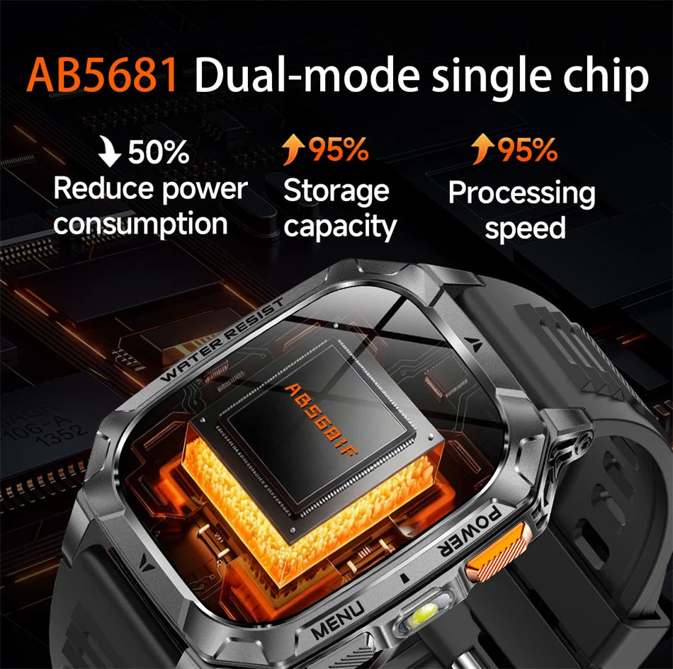 New 1400 mAh Battery Military Smartwatch Men IP68 Waterproof Flashlight Health Monitor Sports Call Smart Watch For iOS Android