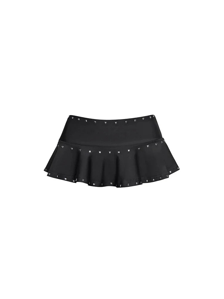 Summer Women Gothic Alt Streetwear Silver Square Rivet Trim Solid Black Ruffle Hem Low Waist Micro Mini Skirt