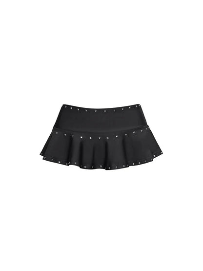 Summer Women Gothic Alt Streetwear Silver Square Rivet Trim Solid Black Ruffle Hem Low Waist Micro Mini Skirt