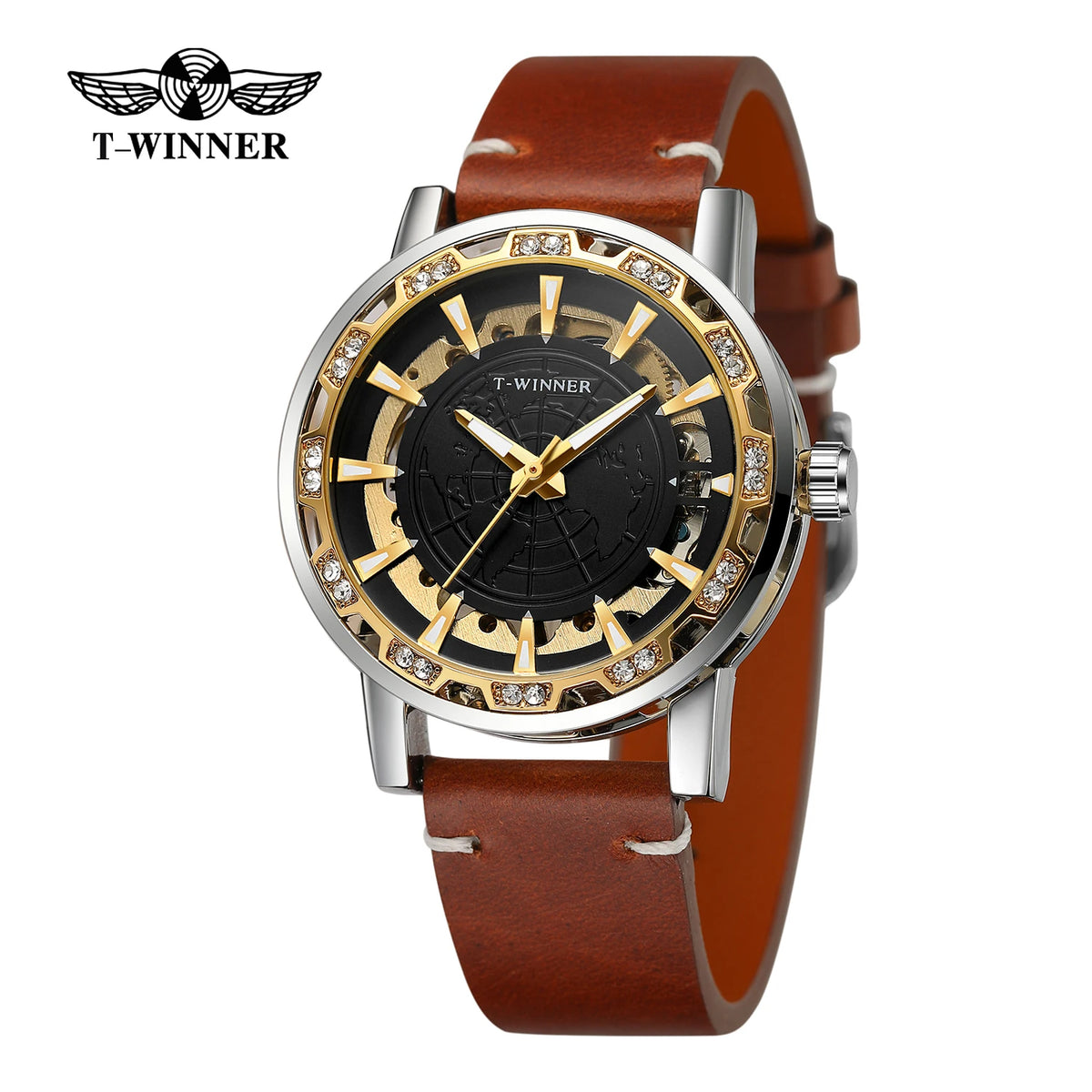 Winner Design World Map Transparent Skeleton Mechanical Watch for Men Fashion Diamond Luminous Luxury Leather Strap Unisex