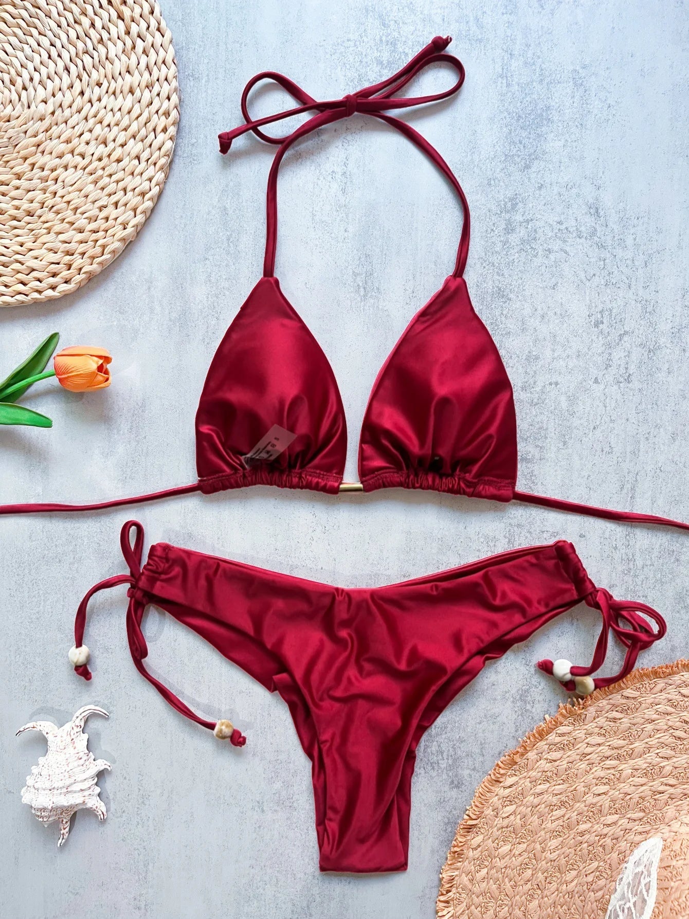 Sexy Drawstring Side High Waist Bikini Set 2026 Women Black Red Halter Pleate Push Up Bra Swimsuit Beach Bathing Suit Swimwear