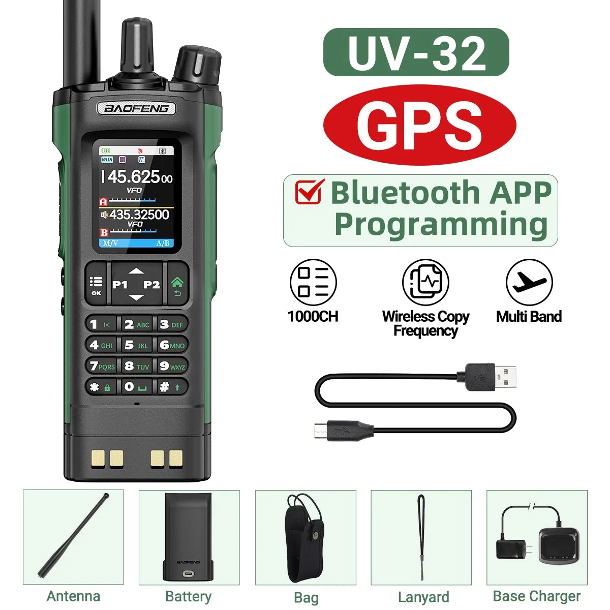 Baofeng UV-32 Walkie Talkie GPS 10W High Tri Power Bluetooth Wireless Programming UHF VHF Scrambler Type C Charge Two Way Radio