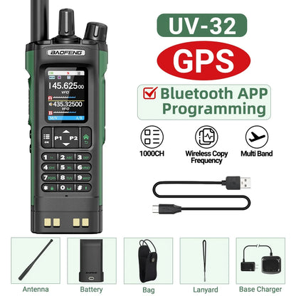 Baofeng UV-32 Walkie Talkie GPS 10W High Tri Power Bluetooth Wireless Programming UHF VHF Scrambler Type C Charge Two Way Radio