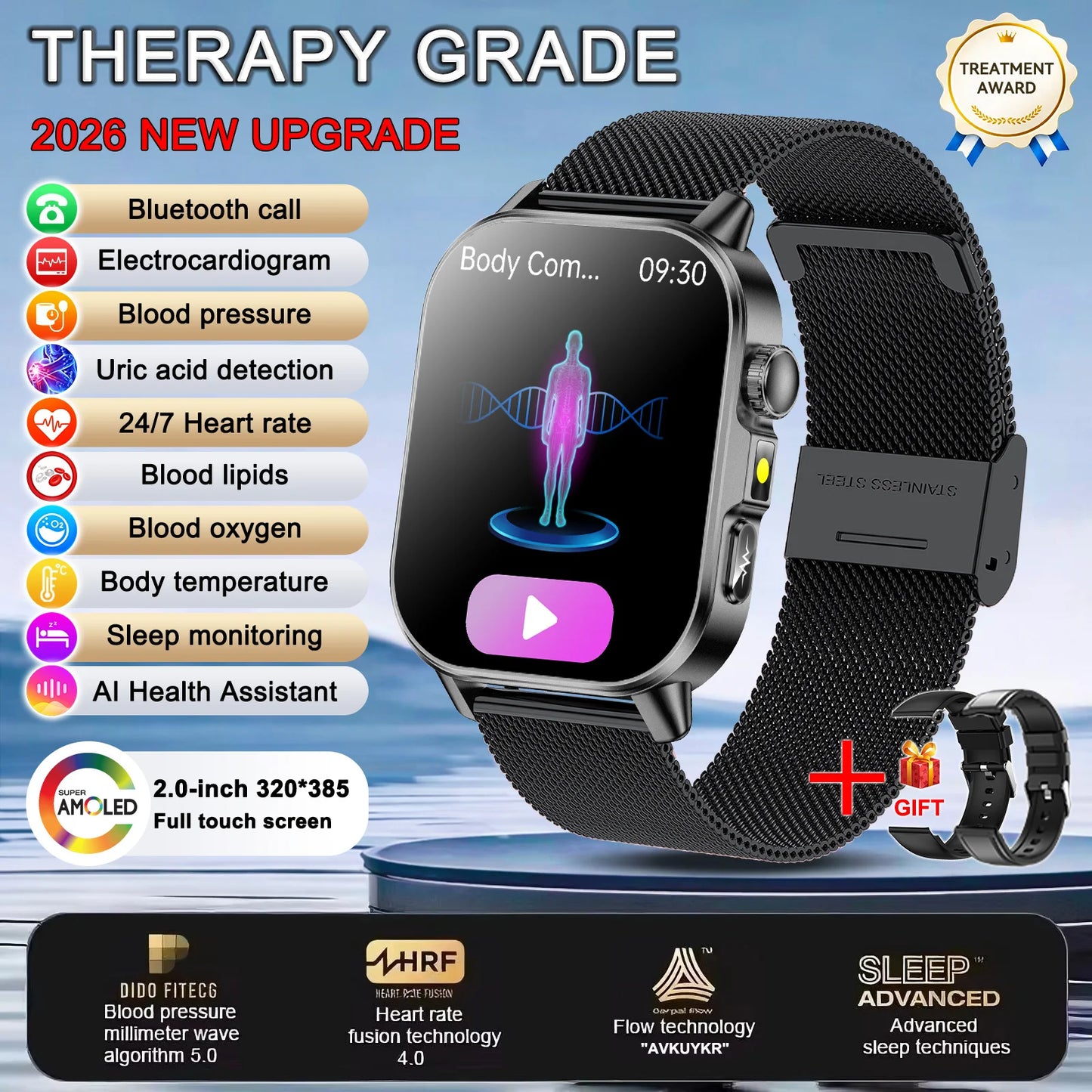 2026 New Body Analysis Health Smart Watch ECG+PPG Uric Acid Blood Pressure Blood Oxygen Clock Call AMOLED Smart Watch Men Women