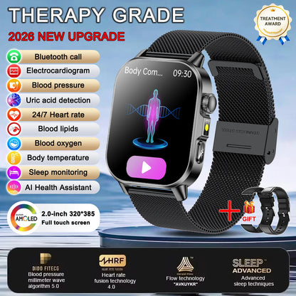 2026 New Body Analysis Health Smart Watch ECG+PPG Uric Acid Blood Pressure Blood Oxygen Clock Call AMOLED Smart Watch Men Women