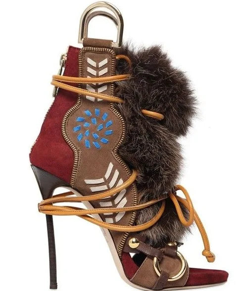 Thin High Heel Peep Toe Design Fluffy Sandals Women Fashion Strap Ankle Feather Sandals Zip Summer Show New Shoes Embroidery