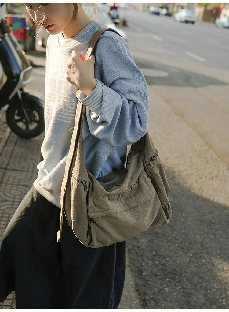 100% Cotton Shoulder Bags Women Large Capacity Canvas Tooling Packages Korea Style Cloth Crossbody Bags Solid Messenger Bags