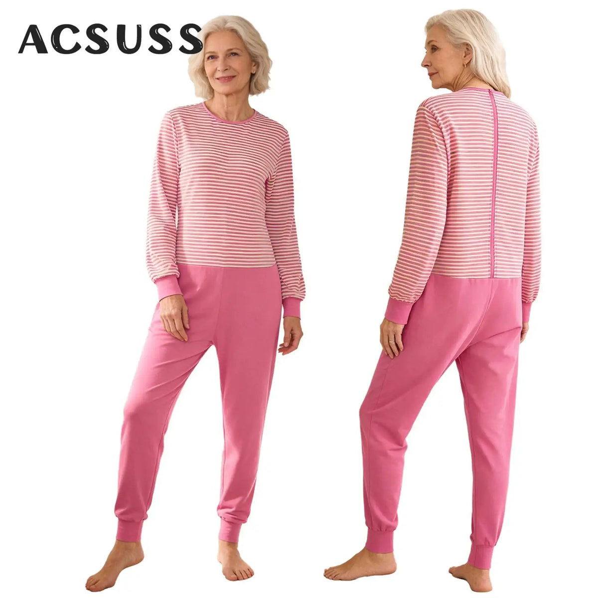 Women Elderly Alzheimer Nursing Jumpsuit Special Need Adaptive Clothing Long Sleeve Back Zipper Anti-strip Stripe Rompers Pajama