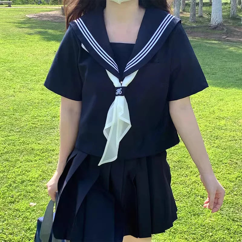 Japanese Classical Dark Blue long-sleeved sailor uniforms white collar towel High School JK uniform cosplay Cute Girl DA020