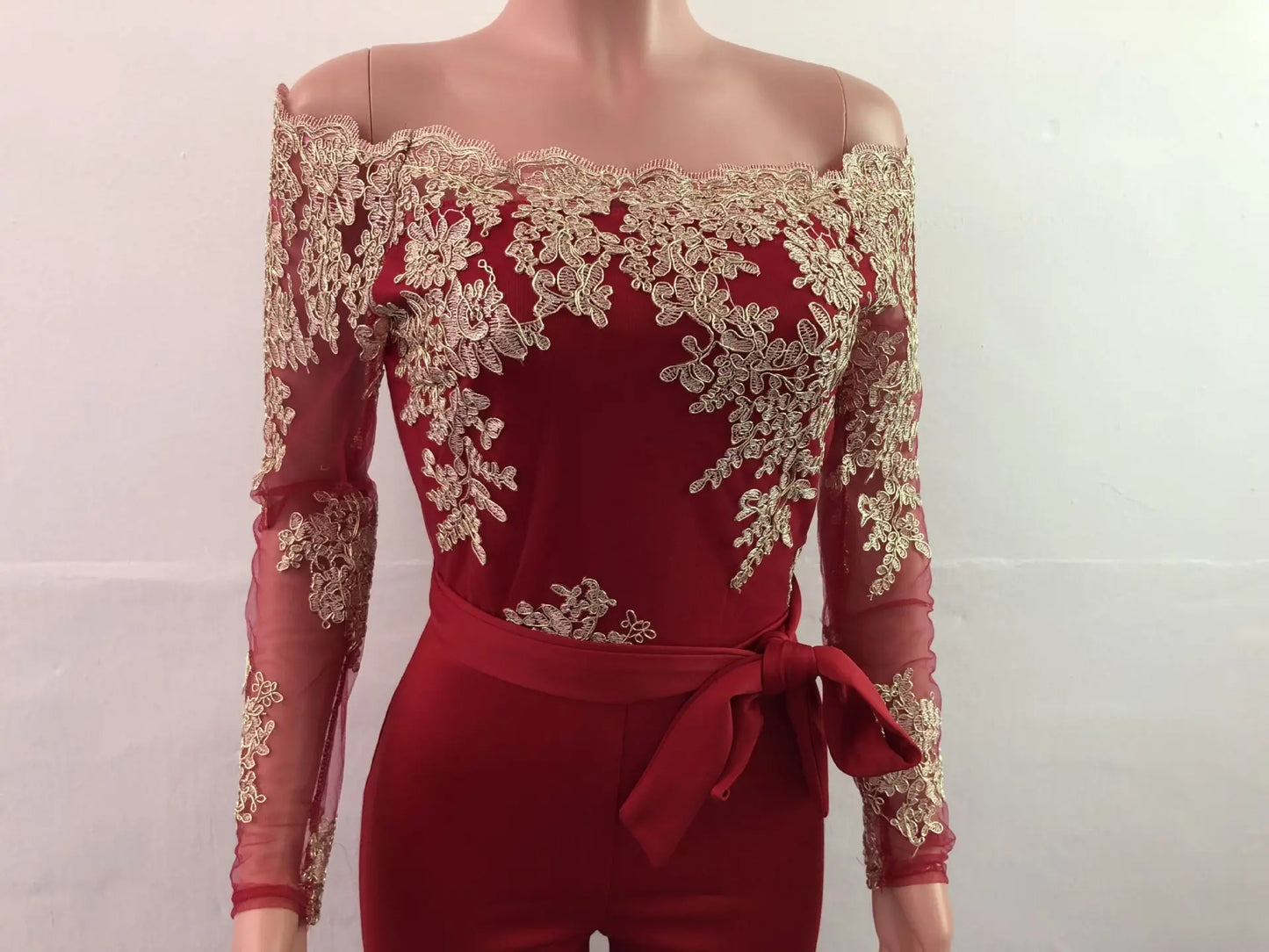 Womens Elegant Off Shoulder Long Pants Wide Leg Jumpsuits Floral Embroidery Lace See Through Cocktail Club Party Evening Rompers