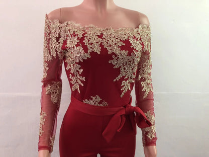 Womens Elegant Off Shoulder Long Pants Wide Leg Jumpsuits Floral Embroidery Lace See Through Cocktail Club Party Evening Rompers