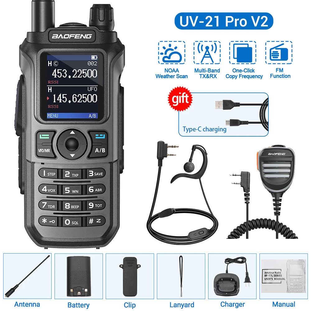 Baofeng UV-21 Pro Walkie Talkie V2 Multi-band Wireless Copy Frequency Waterproof Long Range Type-C Two Way Radio For Camping