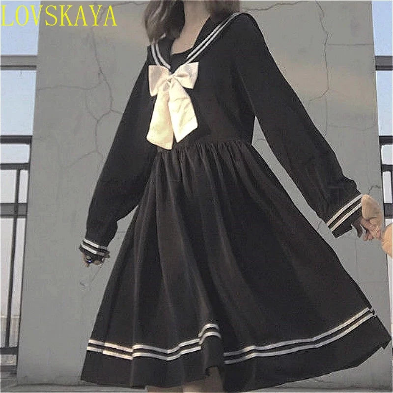 Bow splicing loose A-line fashionable knee length cute empire preparatory style Japanese full set black school uniform