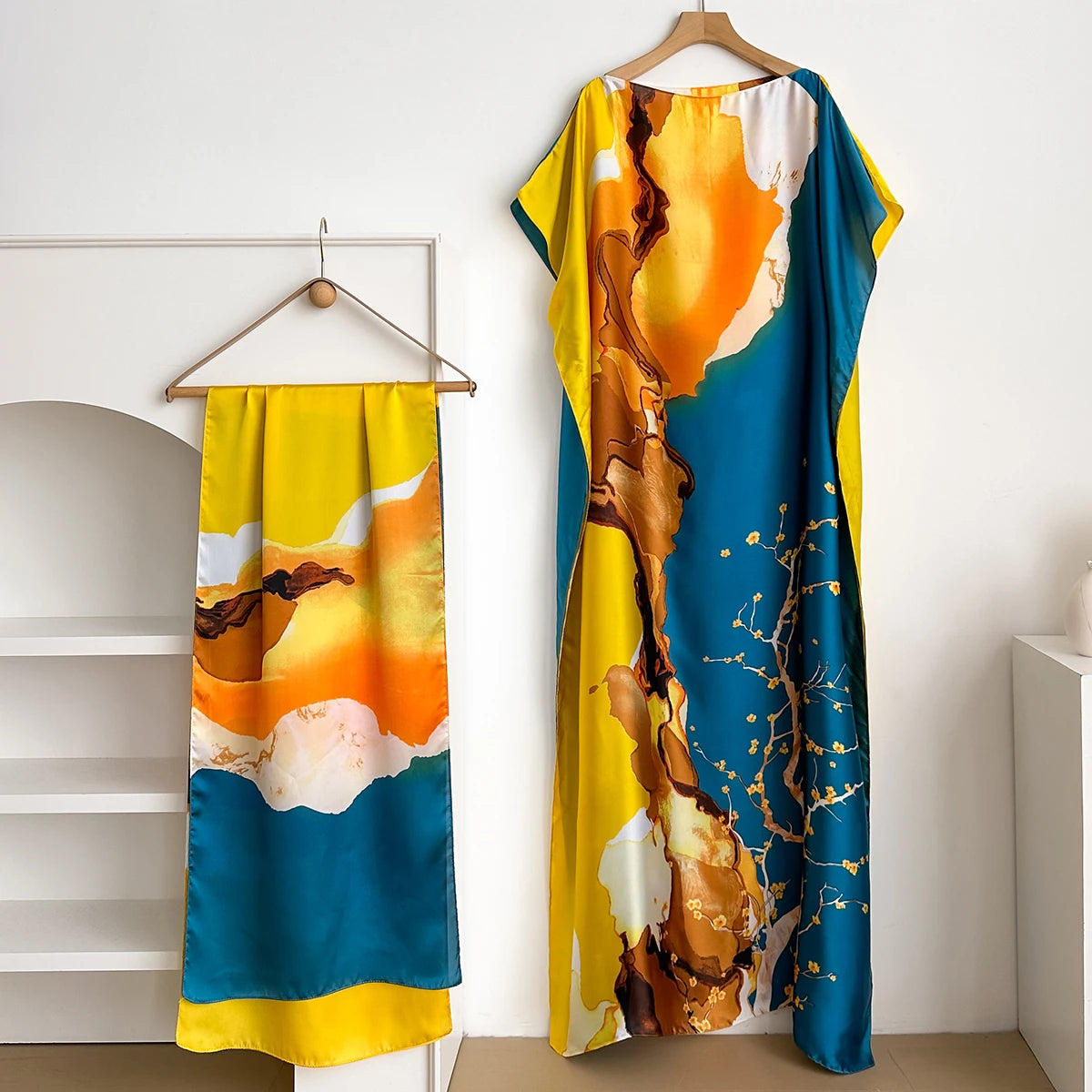 Summer Fashion Kaftan Dress for Women with Big Scarf Loose Abaya Muslim Style African Casual Print Shawl Robe - New 2026