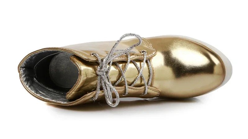 British Silver Gold Ankle Boots Women High Chunky Heels Dress Lady Round Toe Lace-up Spring Autumn Vintage Platform Short Boots