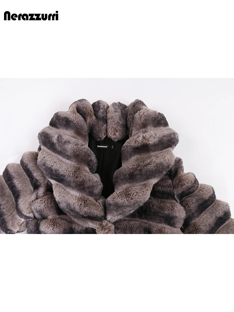 Nerazzurri Winter Extra Long Thick Warm Colorful Soft Striped Fluffy Faux Chinchilla Fur Coat Women Shawl Collar Furry Overcoat