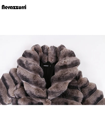 Nerazzurri Winter Extra Long Thick Warm Colorful Soft Striped Fluffy Faux Chinchilla Fur Coat Women Shawl Collar Furry Overcoat