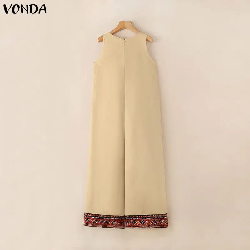 Plus Size VONDA 2026 Women Jumpsuits Sleeveless Patchwork Party Rompers Summer Beach Overalls Loose Bohemian Wide Leg Bottoms