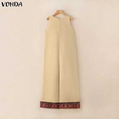 Plus Size VONDA 2026 Women Jumpsuits Sleeveless Patchwork Party Rompers Summer Beach Overalls Loose Bohemian Wide Leg Bottoms