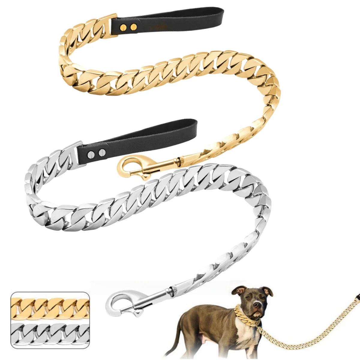 Traction Solid Super Strong Gold Collar Stainles Steel Dog Leash Pet Lead Chain 32mm 19mm Bulldog Pitbull Large Dog Collar Leash