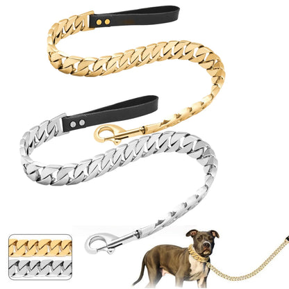 Traction Solid Super Strong Gold Collar Stainles Steel Dog Leash Pet Lead Chain 32mm 19mm Bulldog Pitbull Large Dog Collar Leash