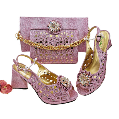 Doershow African fashion Italian Shoes And Bag Sets For Evening Party With Stones pink Italian Handbags Match Bags!  HFV-25