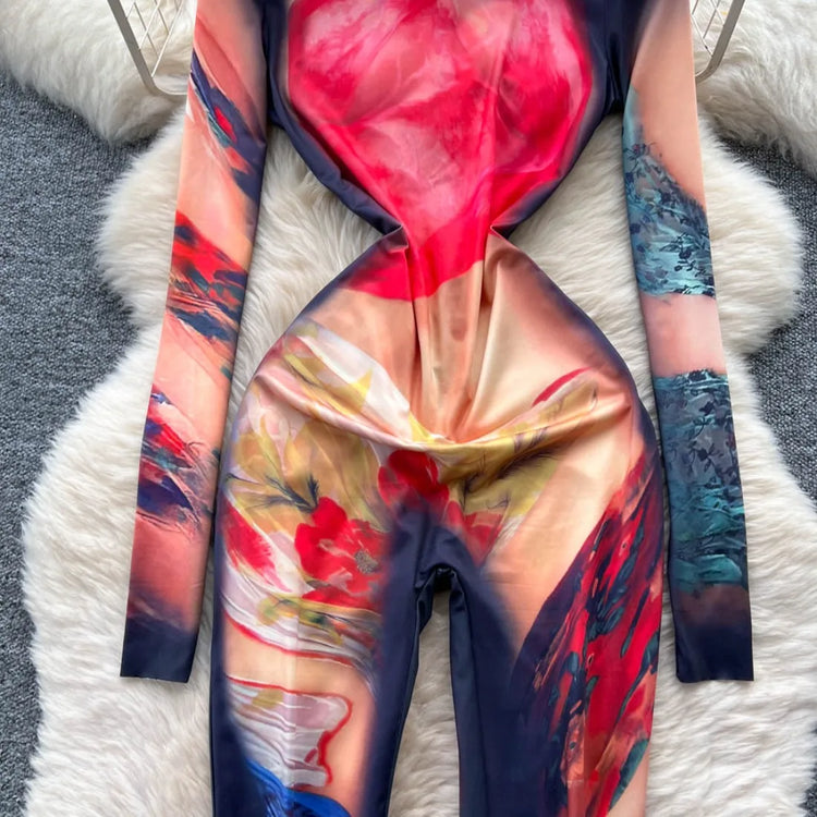 Foamlina 2025 Autumn New Fashion Print Bodysuit European Women's Sexy Hot Girl Slim Fit Flattering Long Sleeve Tight Jumpsuit